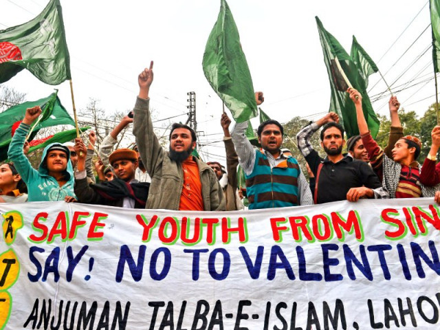 young pakistanis shout slogans against valentine s day in lahore on thursday photo afp young pakistanis shout slogans against valentine s day in lahore on thursday photo afp