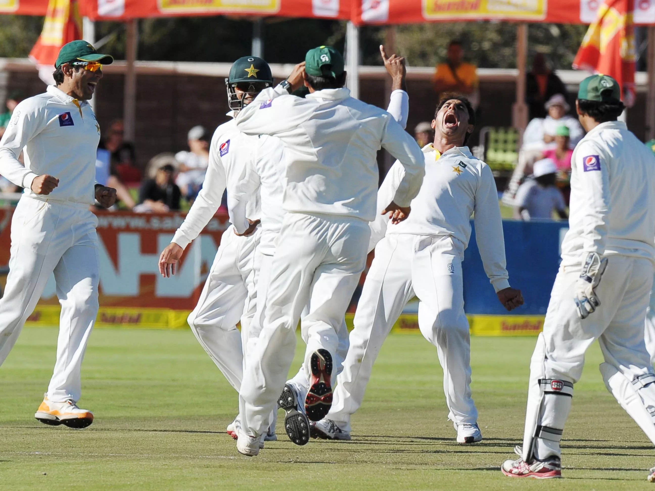 pakistan cricketer saeed ajmal c celebrates the wicket of south african faf du plessis for 28 runs during the 2nd test between south africa and pakistan in cape town at newlands on february 15 2013 photo afp pakistan cricketer saeed ajmal c celebrates the wicket of south african faf du plessis for 28 runs during the 2nd test between south africa and pakistan in cape town at newlands on february 15 2013 photo afp