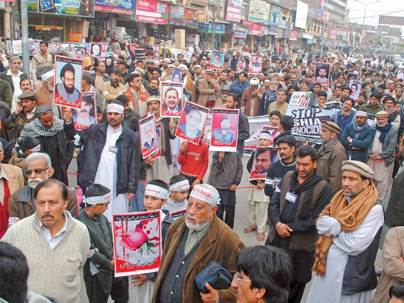 protesters carried pictures of victims and demanded the government to form an anti terrorism cell to investigate the killings photo muhammad iqbal express