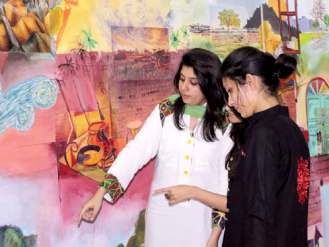 visitors engrossed in the artwork on display at the campus of the shaheed zulfikar ali bhutto institute of science and technology on friday photo press release visitors engrossed in the artwork on display at the campus of the shaheed zulfikar ali bhutto institute of science and technology on friday photo press release