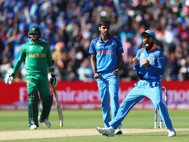 virat kohli gives ahmed shehzad a send off after bhuvneshwar kumar gets him lbw india v pakistan champions trophy group b birmingham june 4 2017 photo getty virat kohli gives ahmed shehzad a send off after bhuvneshwar kumar gets him lbw india v pakistan champions trophy group b birmingham june 4 2017 photo getty