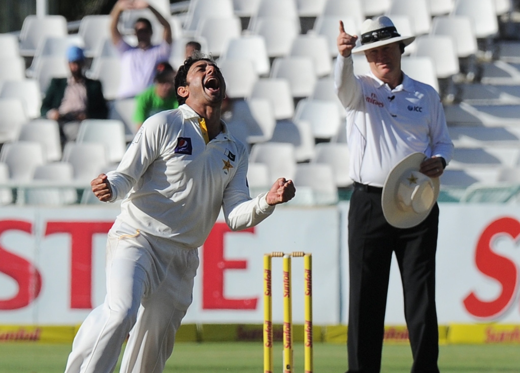 pakistan cricketer saeed ajmal celebrates his 10th wicket on day four of the second test between south africa and pakistan in cape town at newlands on february 17 2013 photo afp