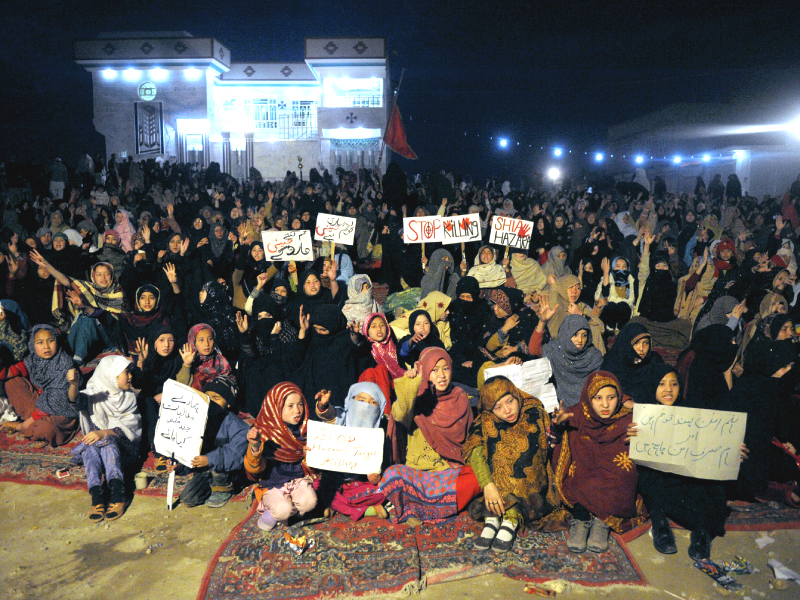 a large number of hazaras gather during a sit in in quetta against saturday s brutalities photo afp