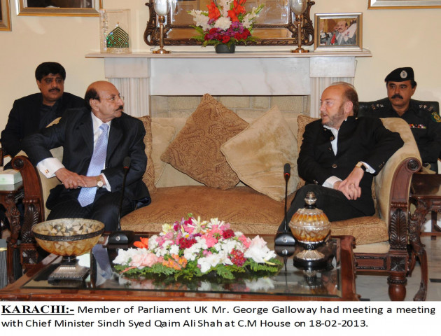 chief minister sindh qaim ali shah and british mp george galloway at a meeting at chief minister house on tuesday chief minister sindh qaim ali shah and british mp george galloway at a meeting at chief minister house on tuesday