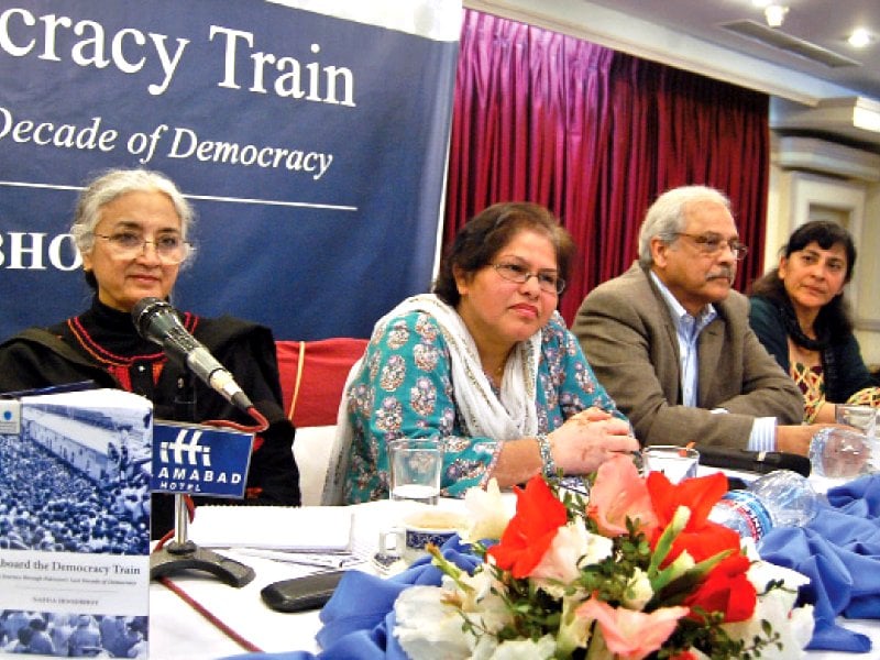 ayesha siddiqa centre and the khawar mumtaz left listen intently listen to a question from the audience photo muhammad javaid express