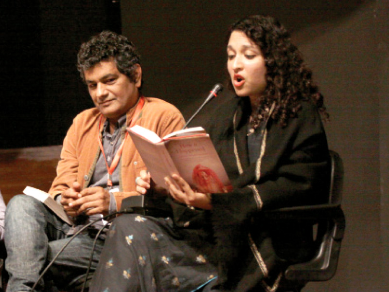 shazaf fatima reads from her book as muhammad hanif looks on