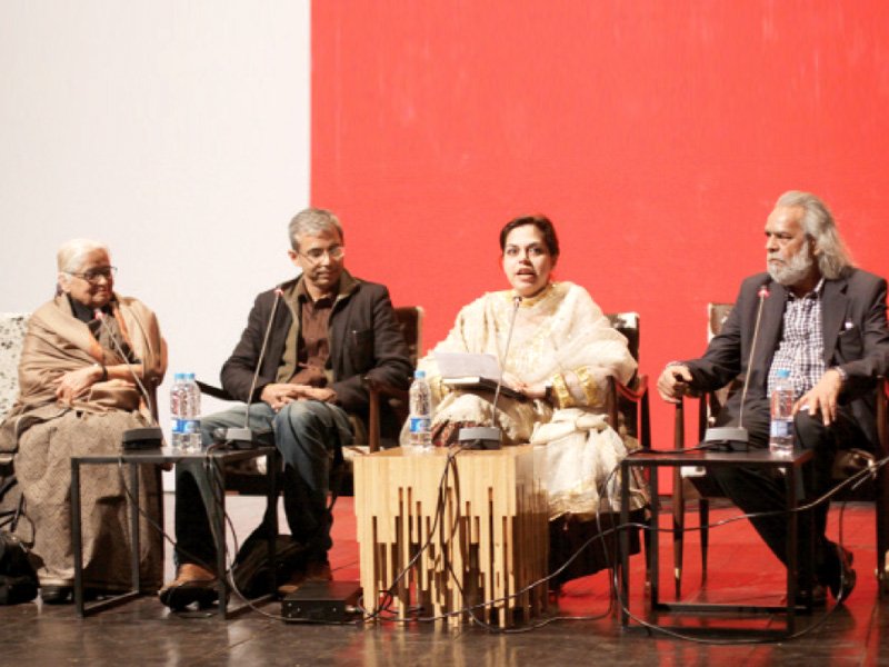 zehra nigah musharraf ali farooqi mira hashmi and afzaal ahmed at the session on the courtesan in urdu literature photo shafiq malik express