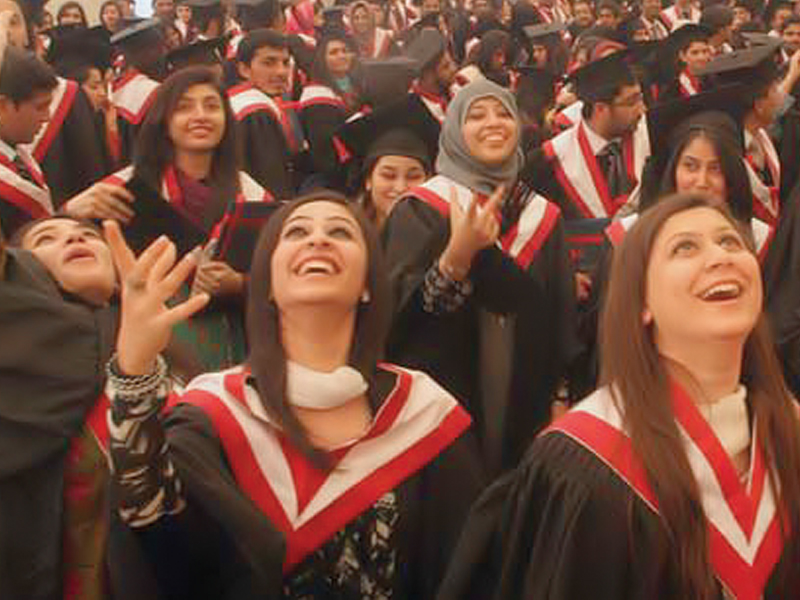 around 821 students graduated at the 9th convocation of bahria university on sunday as soon as the ceremony concluded the jubilant students leapt out of their seats and threw their mortarboards in the air photo athar khan express