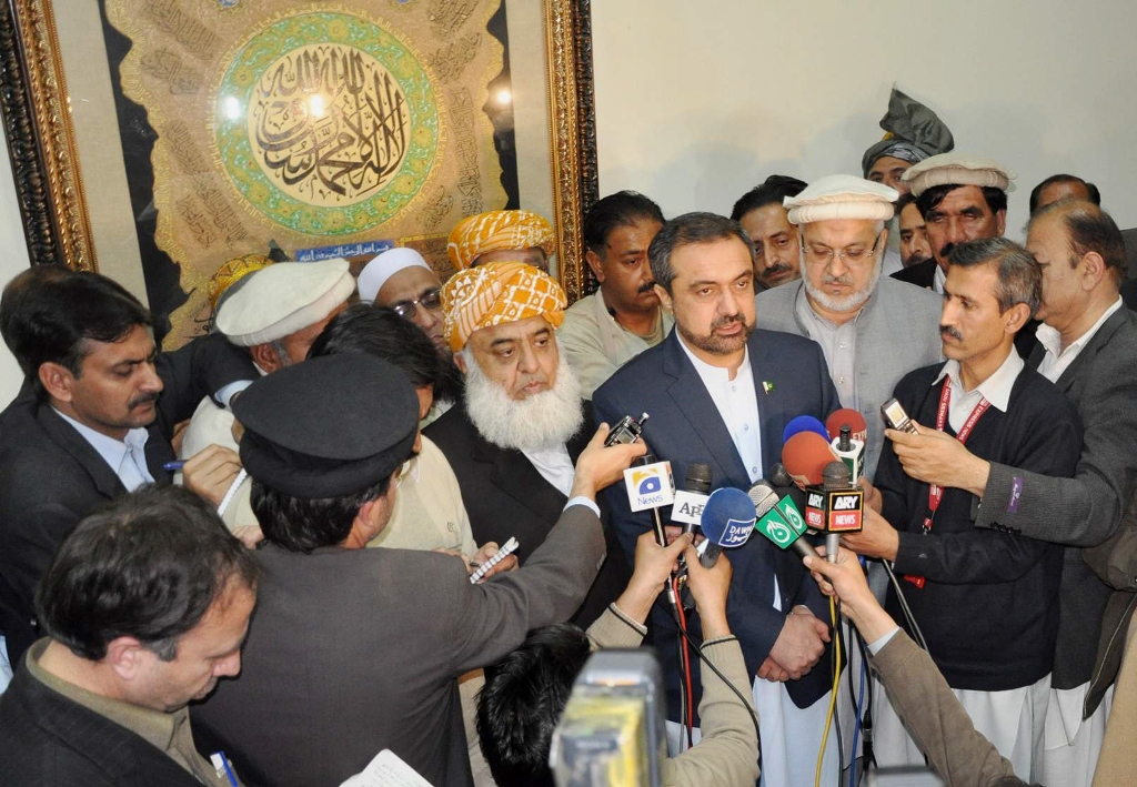 governor saukatullah and jui f chief maulana fazlur rehman talking to media after the grand jirga meeting photo express