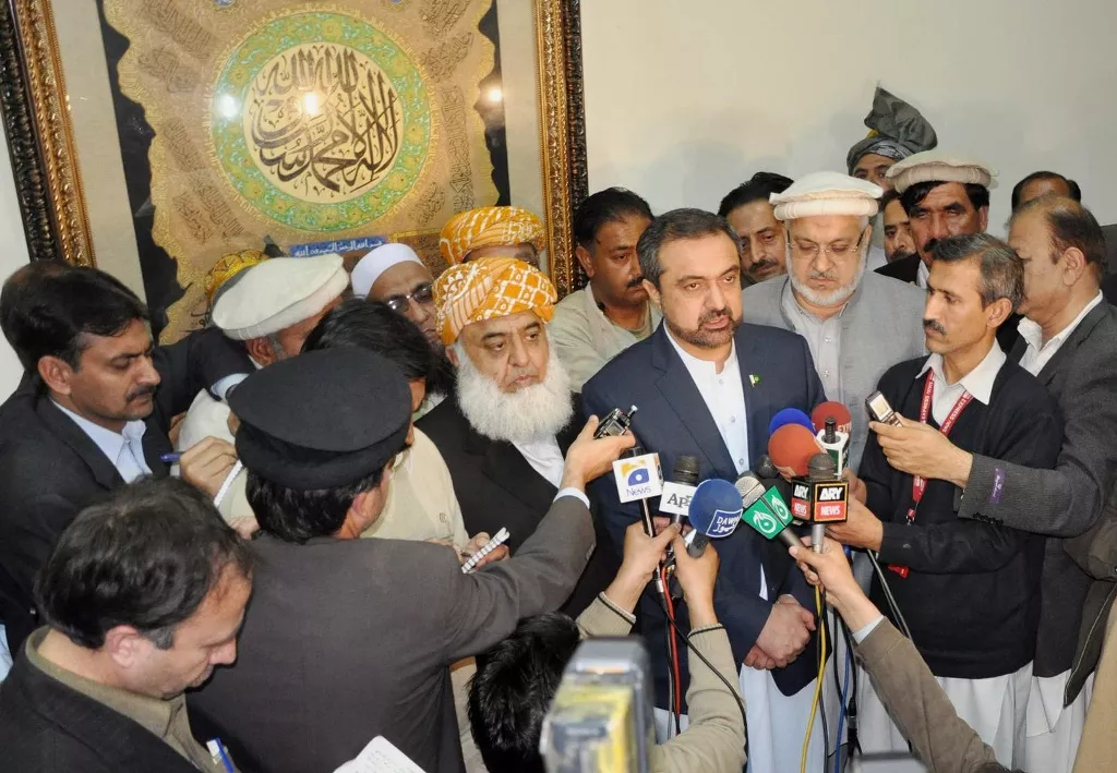governor saukatullah and jui f chief maulana fazlur rehman talking to media after the grand jirga meeting photo express governor saukatullah and jui f chief maulana fazlur rehman talking to media after the grand jirga meeting photo express