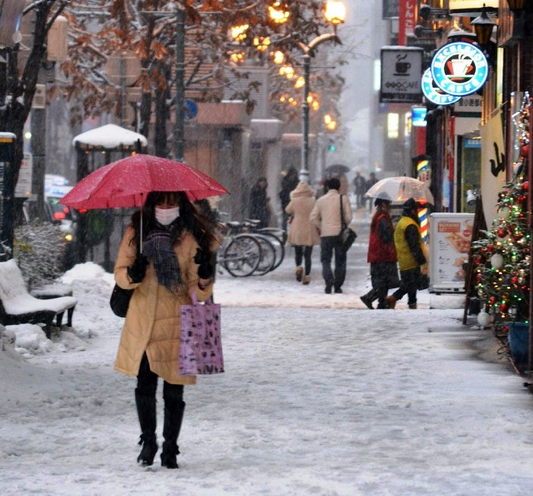 this photo taken on november 27 2012 shows pedestrians walking down a snow covered street in sapporo in japan 039 s northern island of hokkaido photo afp