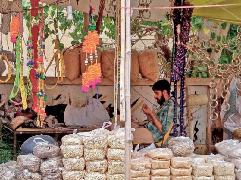 a man awaits customers at a makeshift stall selling animal fodder on the eve of eidul azha such stalls spring up across the city on the occasion giving people a chance to make some extra money photo express