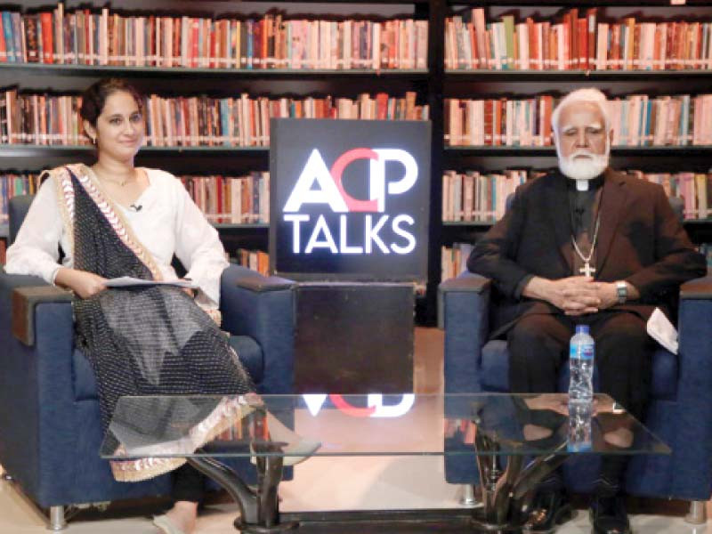 moderator afreen sehar and bishop joseph coutts speak at the book launch photo express