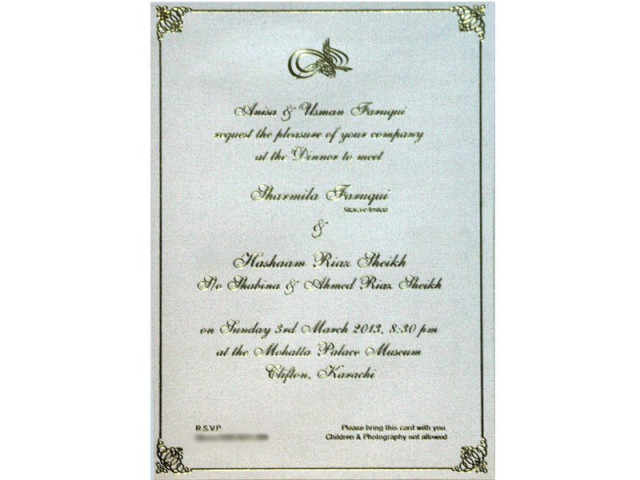 the invitation card specifies that the event on sunday evening was a dinner hosted by the farooqi family photo express the invitation card specifies that the event on sunday evening was a dinner hosted by the farooqi family photo express
