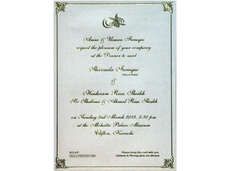 the invitation card specifies that the event on sunday evening was a dinner hosted by the farooqi family photo express the invitation card specifies that the event on sunday evening was a dinner hosted by the farooqi family photo express