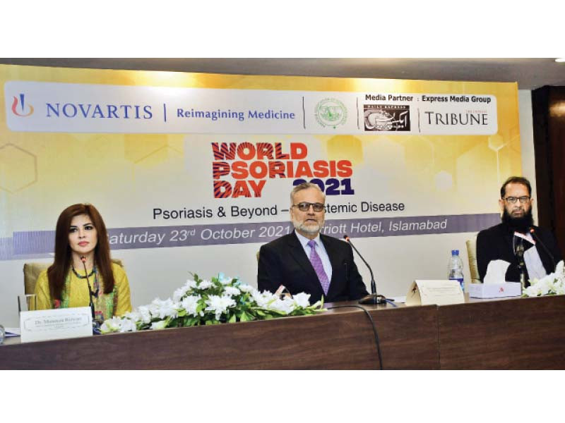 prof sahibzada mehmood noor prof tariq mahmood and dr muneeza rizwan speak at a forum organised by express media group in collaboration with pakistan association of dermatologists and novartis pharma photo express