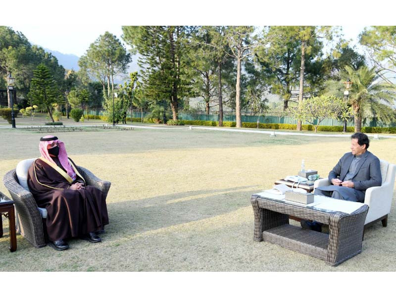 prime minister imran khan during a meeting with the interior minister of saudi arabia prince abdulaziz bin saud bin nayef bin abdulaziz al saud photo radio pakistan