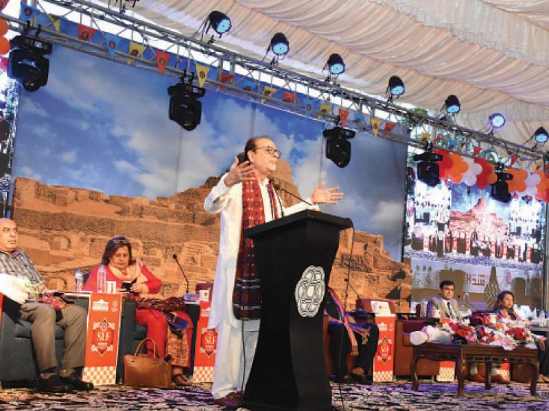 panelists express their views at the fifth sindh literature festival under way at pakistan arts council karachi photo express