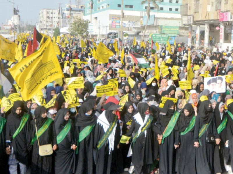 women take part in march in support of the oppresdd people of palestine and kashmir on the al quds day photo jalal qureshi express