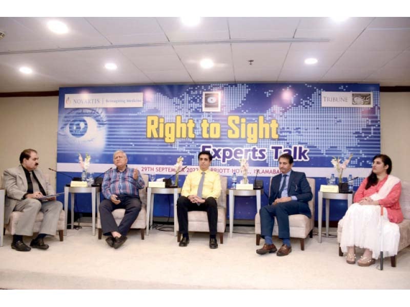 pffb chairman muhammad abdullah yusuf speaks at the talk while vr specialist consultant dr shehzad saeed vr specialist dr aamir awan pffb chief coordinator rabail pirzada and express forum editor ajmal sattar malik are present on the stage photo express