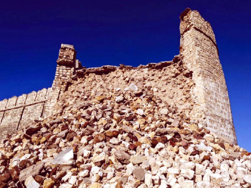 images show the portions of the historical ranikot fort which were damaged during the recent floods photos express