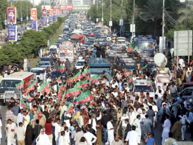 pti supporters block traffic on sharae faisal photo jalal qureshi express