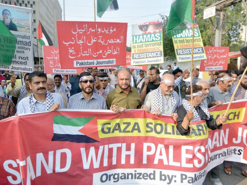 thousands of children march against genocide in gaza right while journalists hold an anti israel rally outside the karachi press club on wednesday photos jalal qureshi express