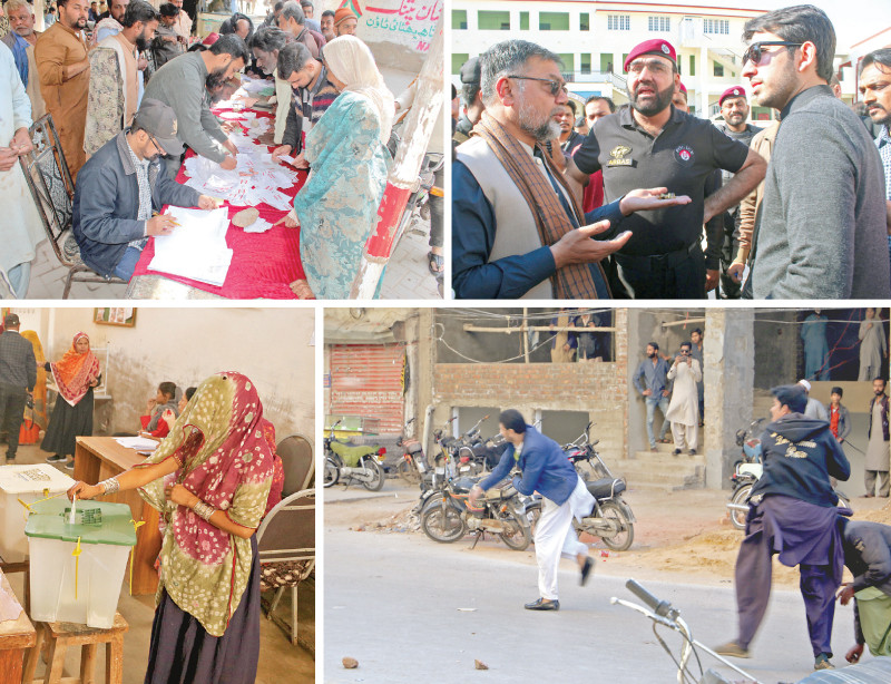 a candidate of mqm p shows bullet shells to an administrative officer at a polling station while political workers throw stones at rivals otherwise voting remained peacefully in the rest of hyderabad division photos express