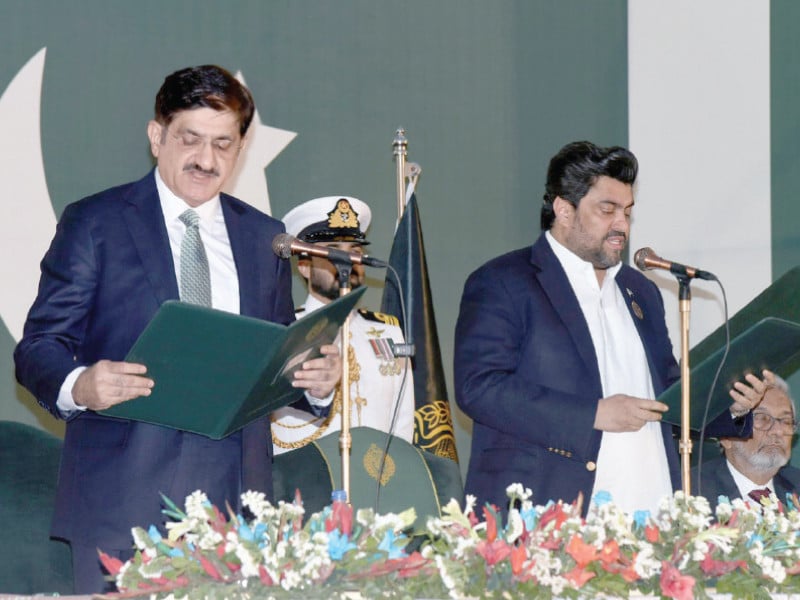 governor kamran tessori administers oath to syed murad ali shah as the chief minister of sindh at the governor house on tuesday photo express