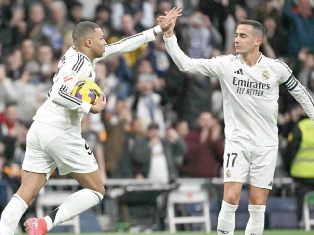 real madrid s french forward kylian mbappe celebrates scoring his team s third goal in the rout of las palmas photo afp real madrid s french forward kylian mbappe celebrates scoring his team s third goal in the rout of las palmas photo afp