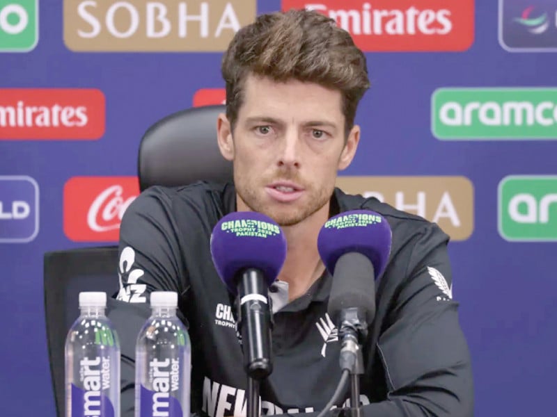 new zealand captain mitchell santner was addressing to the media following defeat in the icc champions trophy final in dubai photo afp