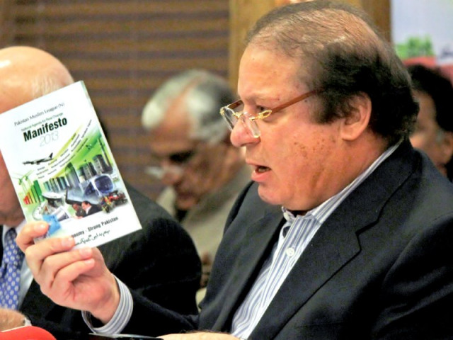 pml n chief nawaz sharif talks to the media as he presents his party manifesto during a press conference in lahore on thursday photo afp pml n chief nawaz sharif talks to the media as he presents his party manifesto during a press conference in lahore on thursday photo afp