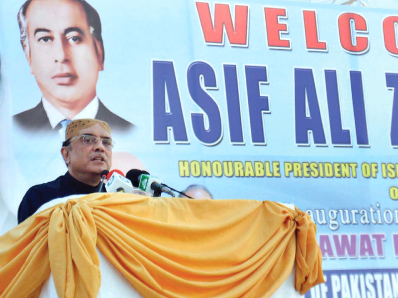 president asif ali zardari addressing the inauguration ceremony of darawat dam in jamshoro on saturday photo app