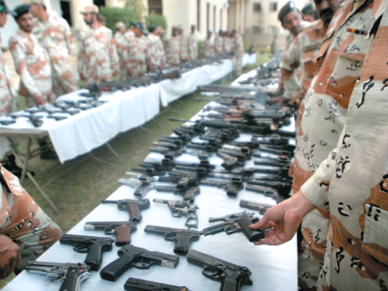 at the briefing on tuesday the rangers sindh spokesperson said that 457 weapons of different calibers were seized during the operations in karachi 163 weapons during raids and 162 weapons in snap checking and routine patrolling photo athar khan express