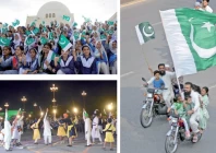 clockwise schoolchildren wave national flags at the mausoleum of quaid e azam in karachi children riding a motorcycle carry a large national flag in islamabad sikh artists perform cultural dance during a parada at d chowk photos jalal qureshi express agencies