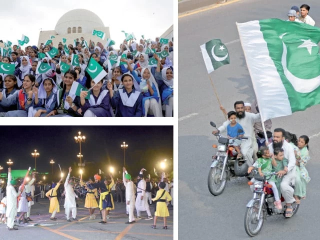 clockwise schoolchildren wave national flags at the mausoleum of quaid e azam in karachi children riding a motorcycle carry a large national flag in islamabad sikh artists perform cultural dance during a parada at d chowk photos jalal qureshi express agencies clockwise schoolchildren wave national flags at the mausoleum of quaid e azam in karachi children riding a motorcycle carry a large national flag in islamabad sikh artists perform cultural dance during a parada at d chowk photos jalal qureshi express agencies