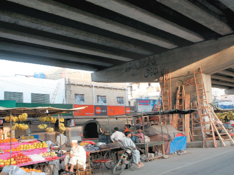 encroachers running their businesses under the flyover at gizri which most often causes a traffic mess photo athar khan express