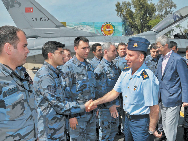 turkish ambassador m babur hizlan and turkish air force operations chief maj gen ares mehmat meet the turkish air force contingent at a paf airbase photo app