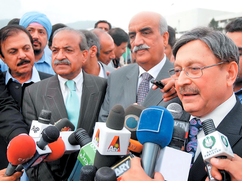 members of the parliamentary committee address the media after the meeting in islamabad photo online