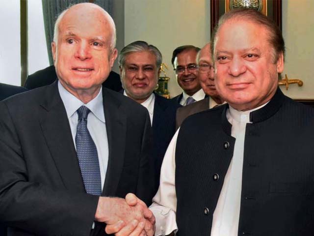 us senator john mccain shakes hand with pakistani prime minister nawaz sharif at the prime minister house in islamabad on july 3 2017 photo afp