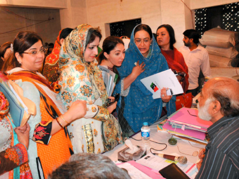 women aspirants for reserved seats gather at the sindh election commission office where the returning officers will scrutinise their applications photo rashid ajmeri express