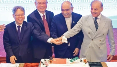 president asif zardari prime minister shehbaz sharif vice chairman of the standing committee of the 14th national people s congress of china cai dafeng and china s envoy cut a cake during a ceremony to mark the 75th anniversary of the establishment of pakistan china diplomatic relations photo ppi