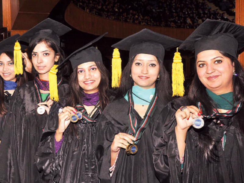 five position holders hold up their medals at the convocation photo muhammad javaid express