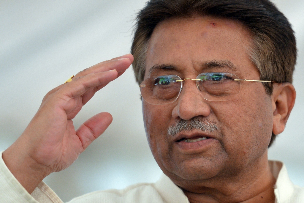 former president pervez musharraf gestures during the unveiling of his party manifesto for the forthcoming general election at his residence in islamabad on april 15 2013 photo afp