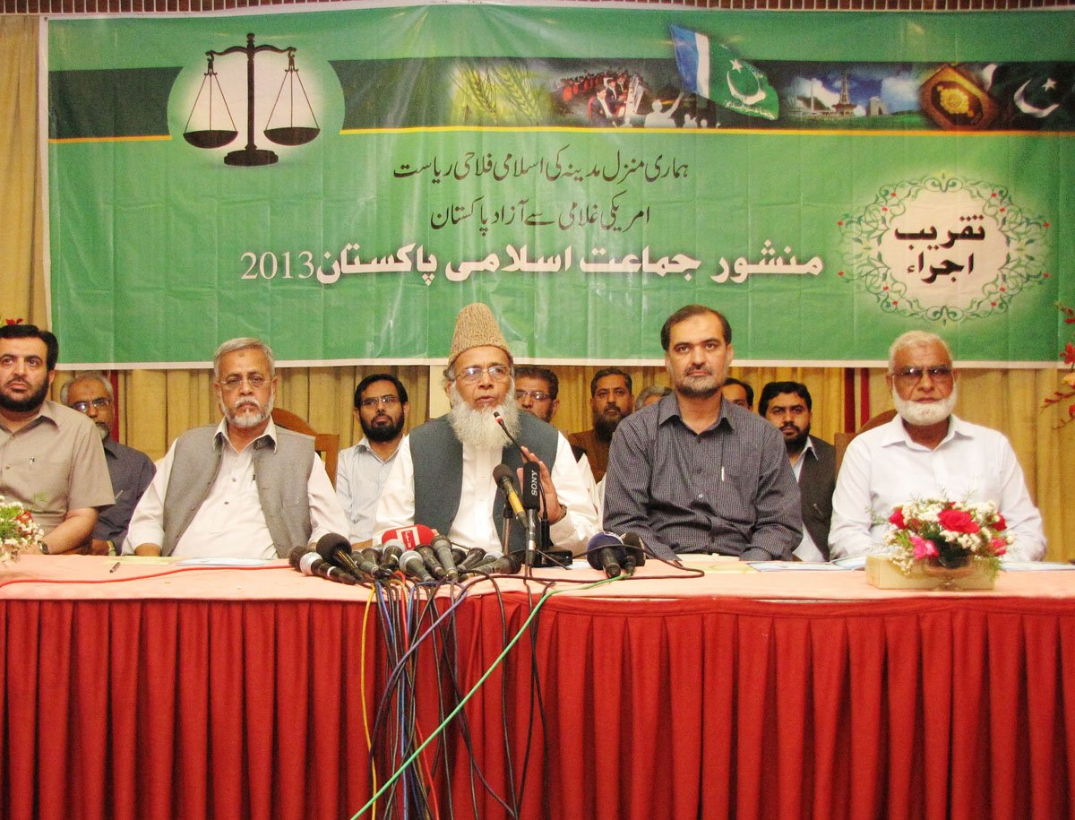 syed munawar hasan launches the electoral manifesto of jamaat i islami in karachi on april 15 2013 photo mohammad saqib express