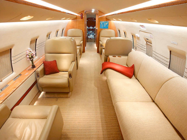 the interior of the bombardier challenger 604 a plane owned by princely jets and used frequently for campaign travel by several leading politicians including the sharif brothers imran khan and others photo bombardier