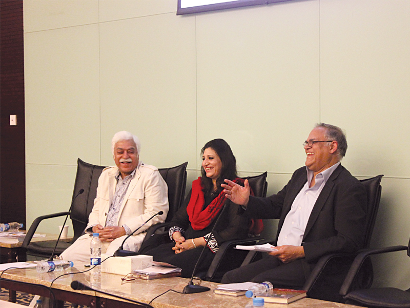 javed jabbar dr noor fatima and mazharul islam sharing a light moment during the reading session photo waqas naeem express