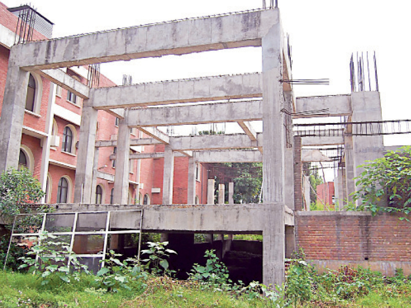 construction work on the auditorium was suspended in february 2009 due to shortage of funds and has been on hiatus since then photo muhammad javaid express