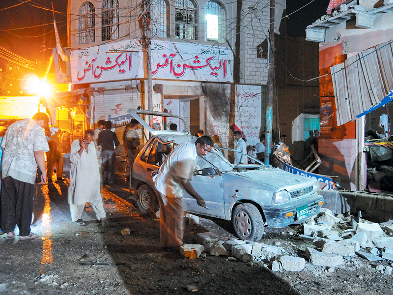 a view of the site after a bomb attack on an mqm office in the nusrat bhutto colony of karachi photo mohammad noman express