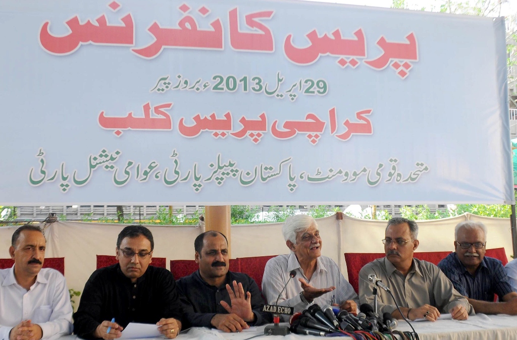 the former sindh coalition partners all of whom are now being targeted by the ttp stood together in a rare show of unity at the karachi press club on monday photo mohammad saqib